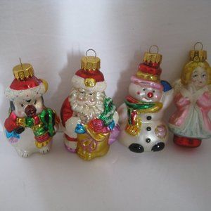 4 Unique Treasures Holiday Christmas Ornaments Hand Blown Glass Santa Snowman